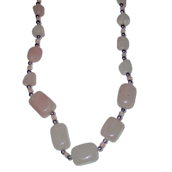 Chunky 18" Beaded Necklace Rose Quartz Jewelry Pink Silver Beads - Picture 1 of 6